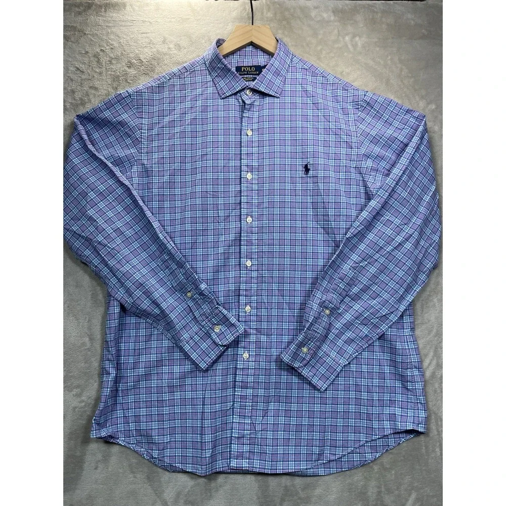 Polo‎ Ralph Lauren Button Down Shirt Men XL Pink Blue Plaid Fit Cotton Stretch